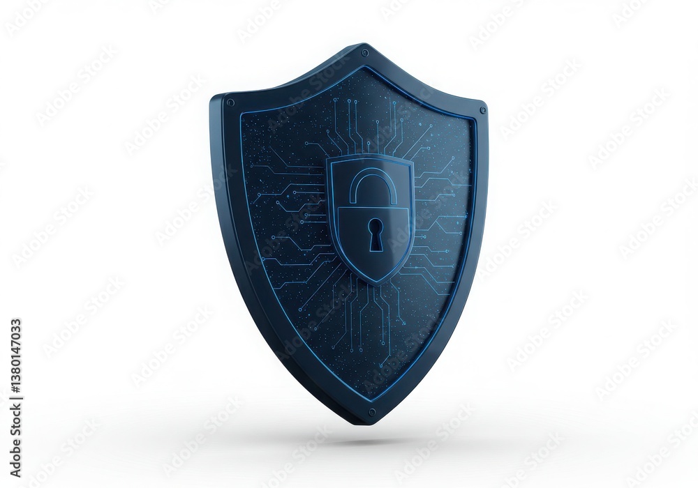 Poster a shield with a padlock on it indicating security on a white background for digital protection