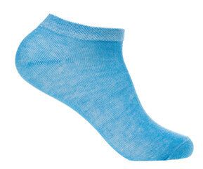 Single blue low cut ankle sock on a foot mannequin isolated on a white background
