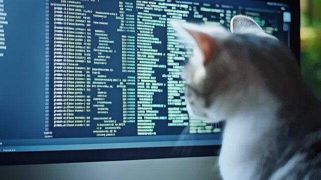 Curious cat observes coding on computer screen in bright home office environment