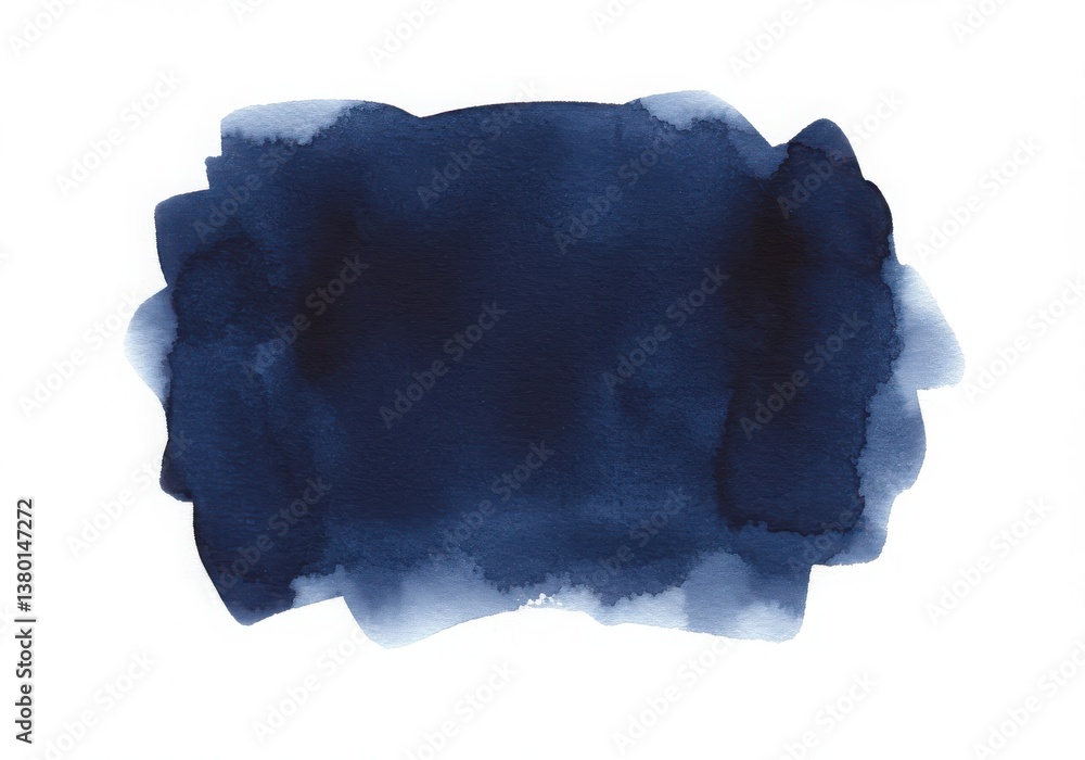 Poster watercolor splash of dark blue ink blending on white background creating abstract shape and texture