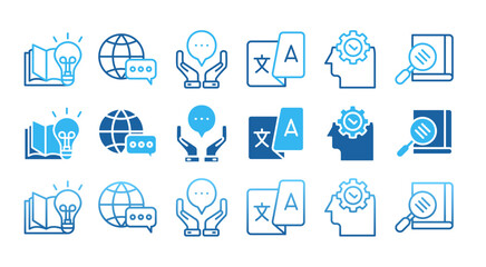 TRANSLATION icon set with multiple style dictionary, interpretation, translator, communication, language, and knowledge