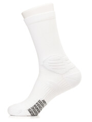 White athletic sock with cushioned sole and ribbed texture on mannequin foot