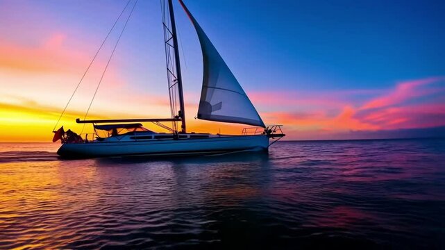 Sunset sailing on a boat with a yacht on the horizon, peaceful ocean scene with a sailboat cruising under the warm sky