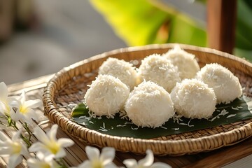 Elegant coconut rice balls on a traditional rattan tray with jasmine accents