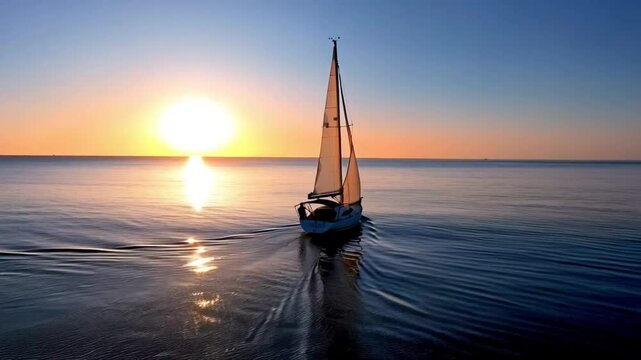 Sunset Sailing on the Ocean with a Sailboat and Yacht Silhouetted Against the Horizon