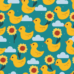 seamless pattern cute cartoon duck and flower. cute animal pattern for wallpaper, background and gift wrap paper