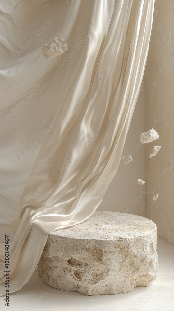 Fototapete Sunlight filters through a softly hued space, highlighting a smooth stone podium, draped in flowing satin. Small fragments hover in a tranquil dance above the surface, adding an ethereal touch