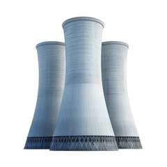 Three towering cooling towers stand tall against a bright, clear sky, a symbol of industrial power and energy production, showcasing a clean, minimalist aesthetic.