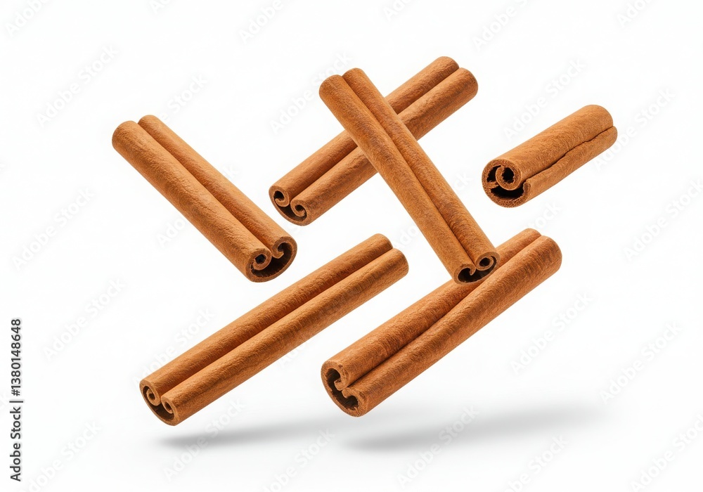 Poster cinnamon sticks arranged on a white background creating a visually appealing composition of spice ro