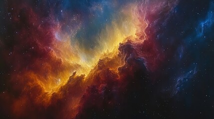 Fototapeta premium Colorful cosmic cloud shines against dark space. Gas, dust, stars form a beautiful nebula