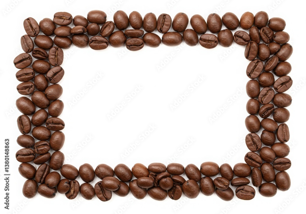 Poster rectangular frame made of roasted coffee beans on a white background for design and decoration use