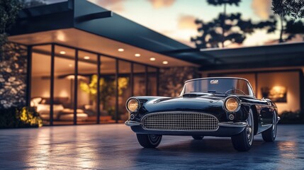 Classic Car in Front of Contemporary House