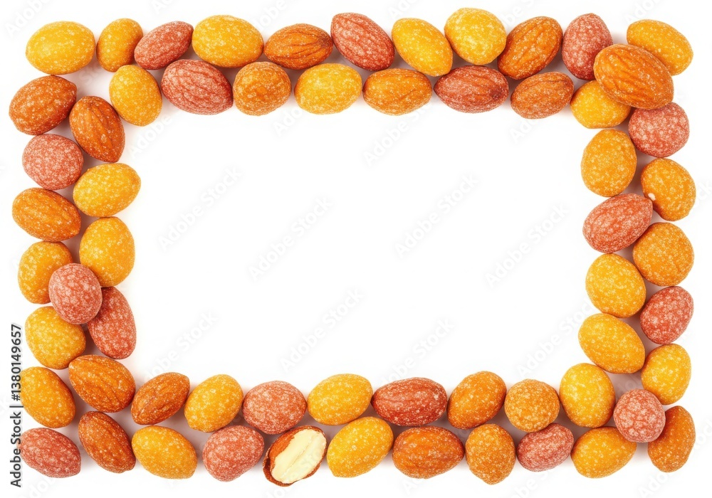 Poster a frame of colorful coated peanuts on a white background creating a rectangular empty space inside