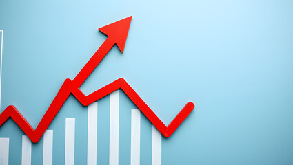 Obraz premium Red arrow pointing up with charts indicating growth and success on a blue background.