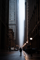 Obraz premium Silhouette walking down foggy city street flanked by tall buildings