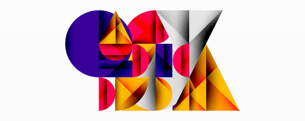 Abstract geometric composition. Vibrant triangles, circles intersect. Bold colors create dynamic visual impact. Modern design, sharp angles, clean lines.