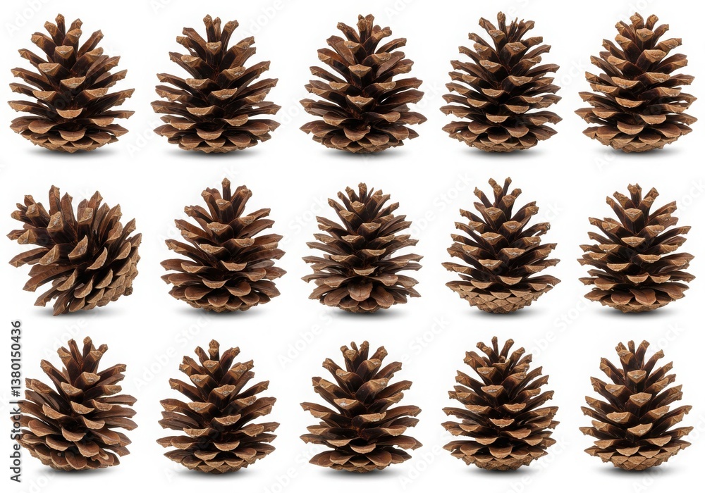 Poster fifteen pine cones arranged in a grid pattern on a white background in a studio shot image