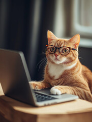 Smart orange cat with glasses using a laptop