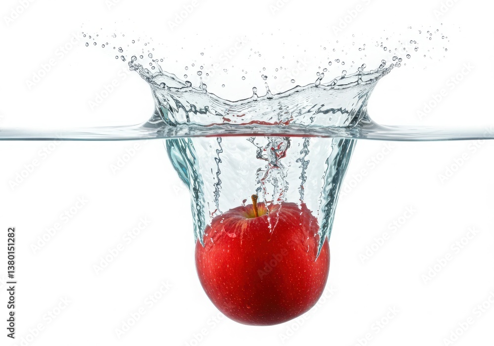 Poster a red apple falling into water creating a splash on a white background in a studio shot