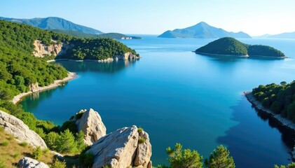 Irregular shaped lake with rocky shoreline and scattered islands , remote, adventure