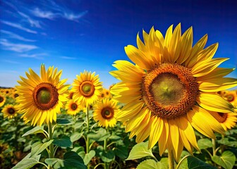 Obraz premium Vibrant yellow sunflowers bloom under a brilliant blue summer sky.