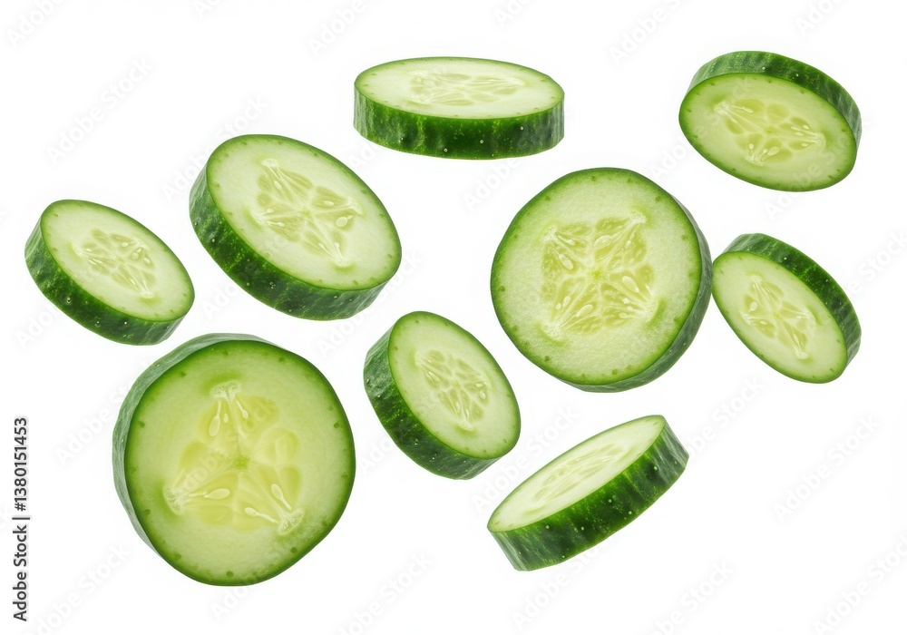 Poster a collection of fresh cucumber slices floating on a white background in a studio shot view