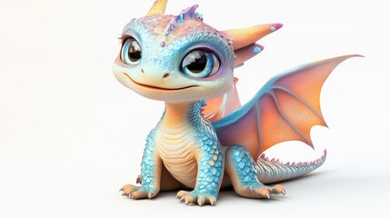 Cute and Colorful Fantasy Dragon Character with Large Eyes and Beautiful Wings Sitting on White Background