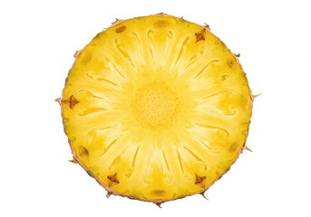 A cross section of a pineapple showing its yellow flesh and spiky outer skin on white background