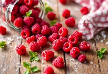 Fresh red raspberries spilled from jar on wooden table with mint leaves