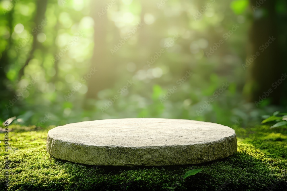 Poster a sunlit stone platform rests on lush moss in a serene forest, surrounded by greenery, creating a tr