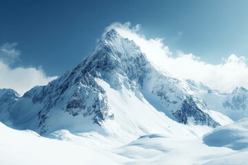 Obraz premium Snow-covered mountain peak under a clear blue sky with clouds drifting overhead