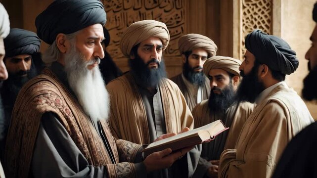 An elderly sheik in the past, surrounded by a group of Muslim people in traditional Middle Eastern attire