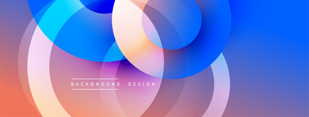 Abstract circles overlap, creating vibrant gradients. Blue, orange, purple hues blend smoothly. Modern design, smooth transitions, dynamic composition.