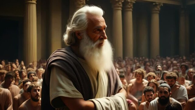 A wise and weathered elderly ancient Greek philosopher in classroom, surrounded by his students