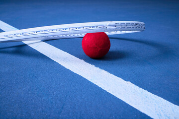 Red ball, tennis court and game with racket for sport, training and exercise for competition or...