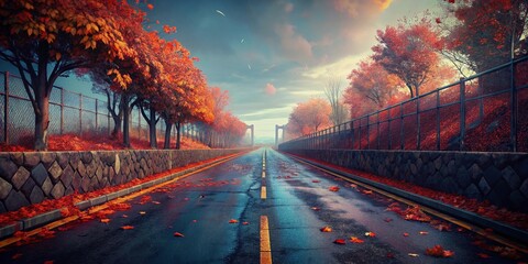 Autumnal Road: Deserted Country Lane with Stone Fence and Iron Lattices