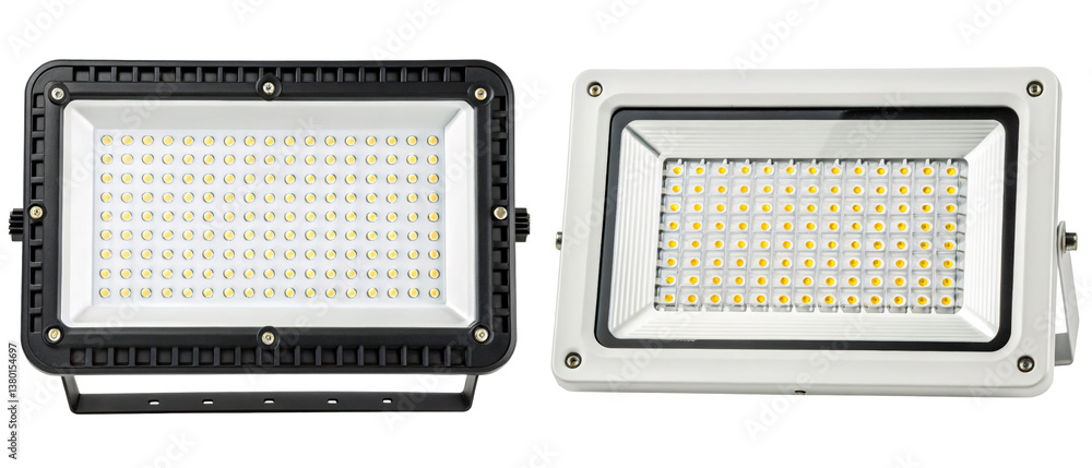 Poster two led floodlights designed for bright illumination isolated with transparent background