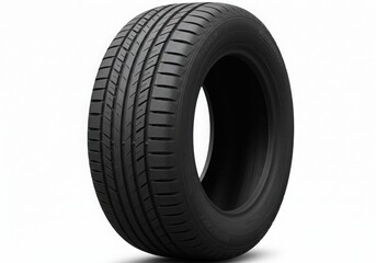 A car tire with tread pattern visible on a white background in a studio setting for automotive use