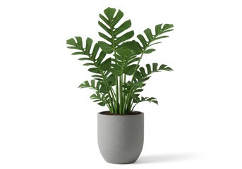 Fototapeta premium A potted monstera plant with large green leaves in a gray pot isolated on a white background studio shot