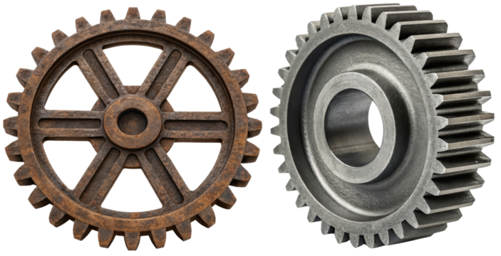 Contrasting gears representing vintage and modern design isolated with transparent background