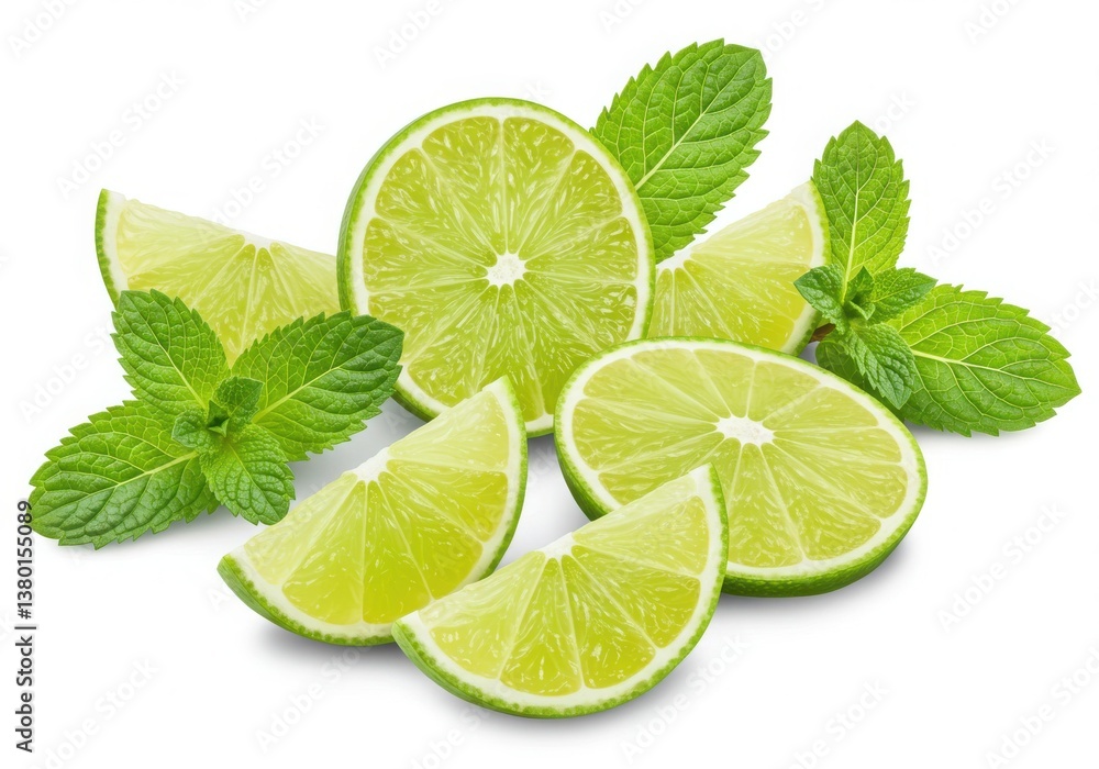 Poster a vibrant display of sliced limes and fresh mint leaves arranged on a pristine white background setu