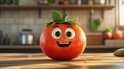 Happy Animated Tomato Character with Big Eyes and Smiling Face in a Bright Kitchen Setting
