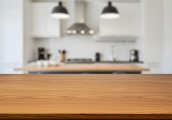 Wooden Kitchen Countertop with Blurred Modern Kitchen Background. Design, Decor, Appliances, Island.