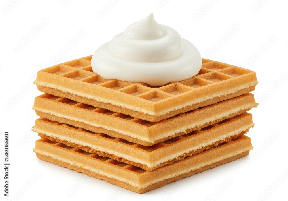 Poster a stack of four square waffles topped with a swirl of white cream on a white background plane