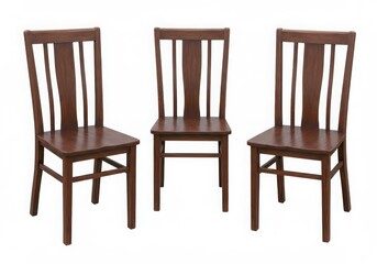 Three wooden chairs with vertical slats and brown finish isolated on a white background studio shot