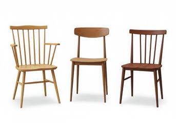 Three wooden chairs of different designs and colors standing side by side on a white background space