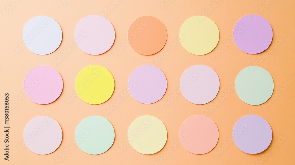 Poster flat pastel round sticker set displayed harmoniously on a warm colored background with soft shadows 