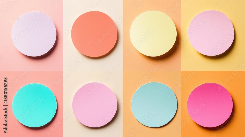 Poster flat pastel round sticker set displayed on a warm colored background with soft shadows evoking a cal