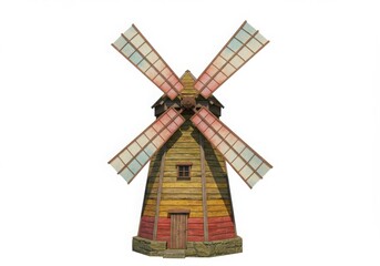 A colorful wooden windmill with four sails standing against a plain white background in a studio shot