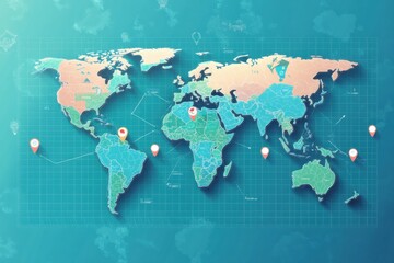 Flat world map featuring location pins, directional arrows, and travel lines for global exploration and planning